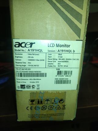 Monitor Acer A191HQL 18.5 pulgadas HD