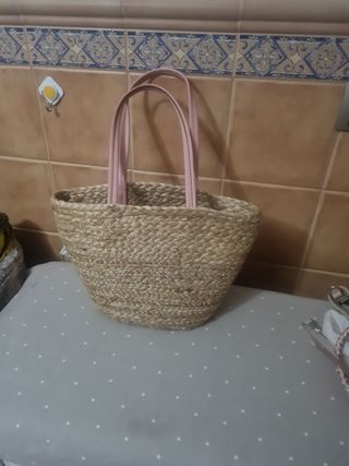 Bolso mimbre Zara - beige/rosa