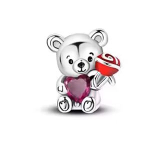 Charm Oso con Rosa y Corazón pulsera Pandora plata