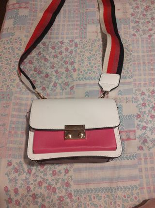 Bolso bandolera gruesa blanco, rosa y morado