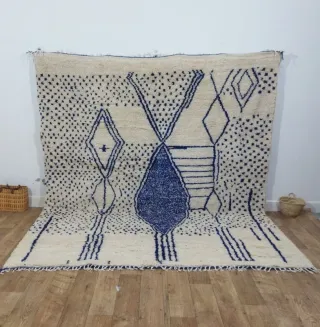 Tappeto berbero marocchino in lana bianca e blu