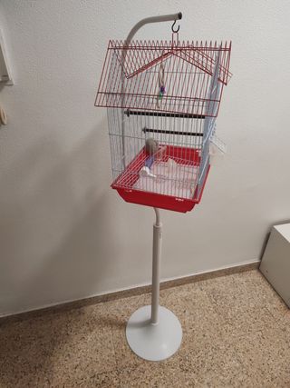 Jaula pajaros rojay blanca con soporte