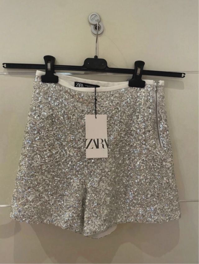 Shorts Zara paillettes argento donna