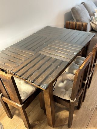Mesa comedor madera cristal + 4 sillas
