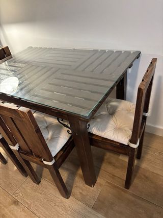 Mesa comedor madera cristal + 4 sillas