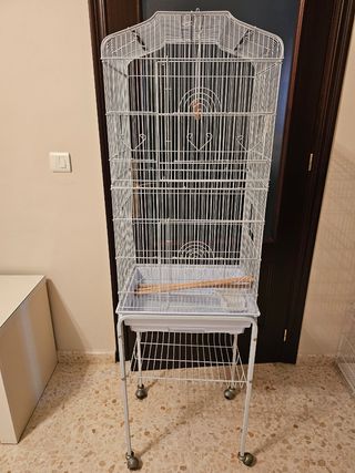 Jaula pajaros blanca con ruedas