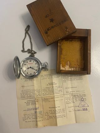 Scatola legno Krasnikov CCCP con orologio da tasca