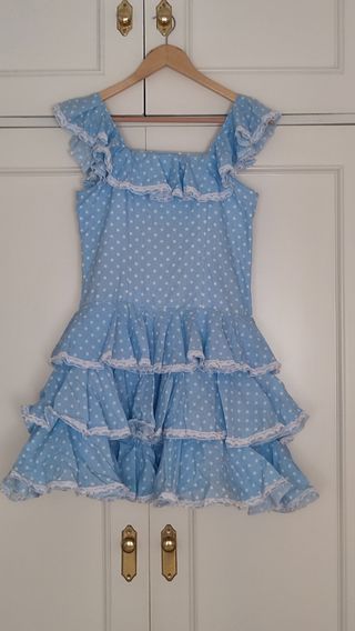 Traje Flamenca niña (10-12) azul lunares blacos 