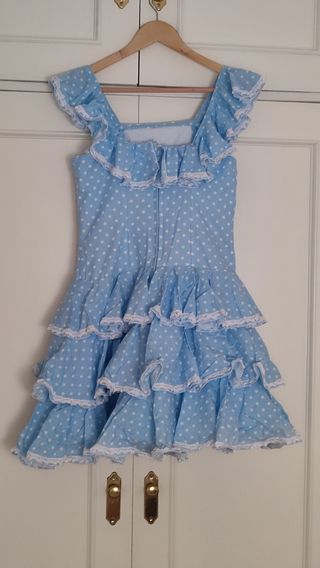 Traje Flamenca niña (10-12) azul lunares blacos 