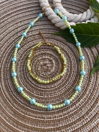 Collar y pulsera perlas - azul, verde