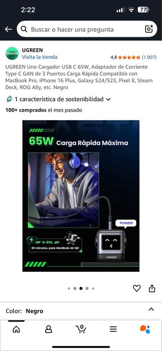 Cargador UGREEN 65W - 3 puertos