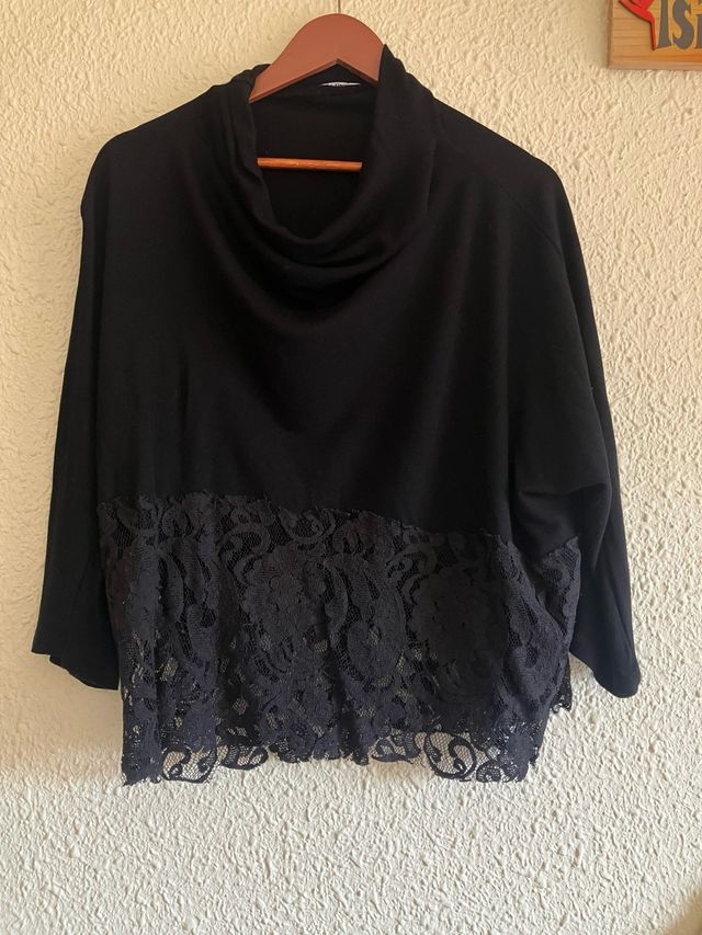 Top negro manga larga encaje (talla S/M - mujer)