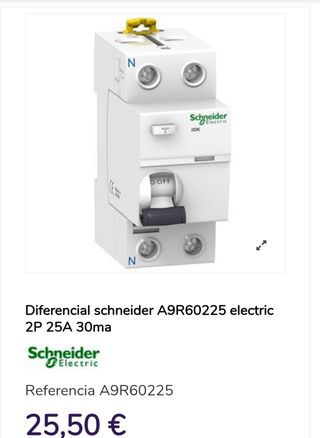 Interruptor Diferencial Schneider A9R60225 2P 25A 
