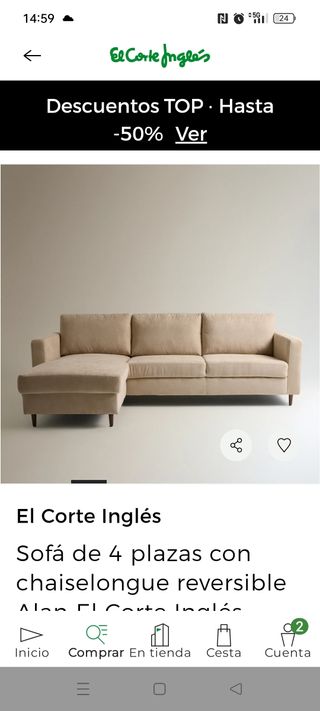 Sofá chaise-longue 4 plazas beige