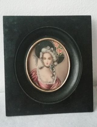 Antico quadro con dipinto miniatura ritratto donna