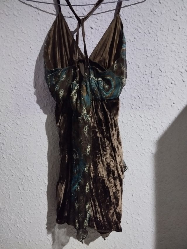 Top Tirantes - Marrón y Verde Azulado de seda.