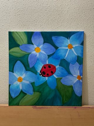 Cuadro pintado a mano: Flores y mariquita
