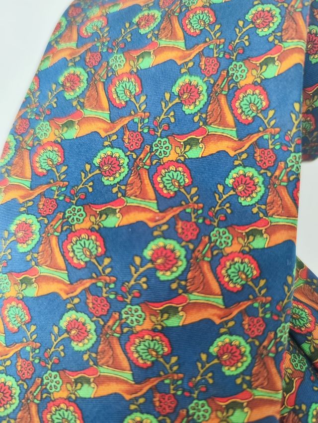 Corbata de seda con caballos - azul, naranja
