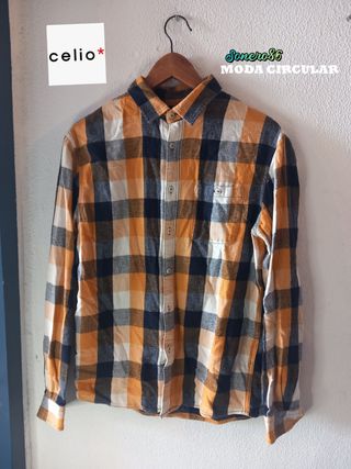 Camisa Celio* cuadros mostaza-azul talla S