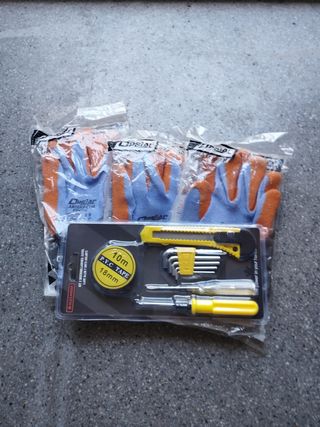  destornilladores, cutter, cinta y guantes