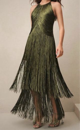 Vestido largo flecos verde oliva