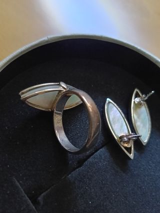 Conjunto plata nácar anillo pendientes