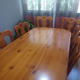 Mesa comedor pino + 7 sillas