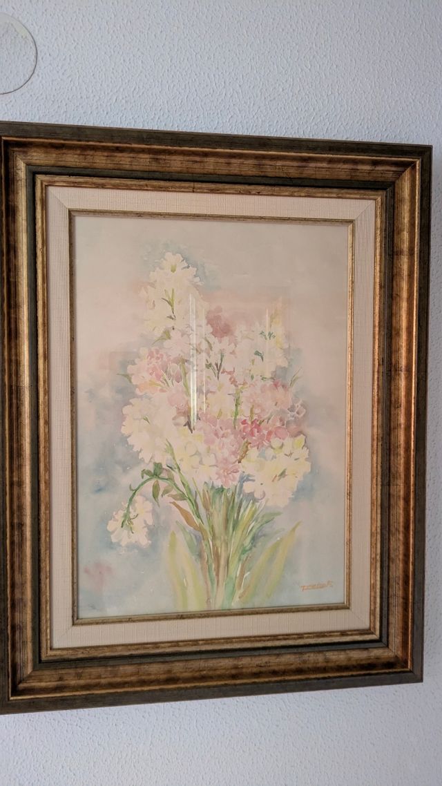 Cuadro acuarela flores rosas blancas