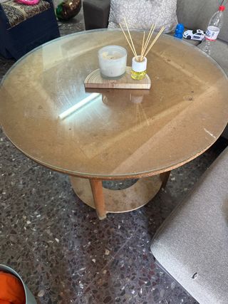 Mesa camilla redonda de madera y cristal