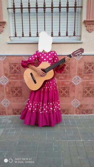 Traje Flamenca niña lunares blanco y buganvilla 
