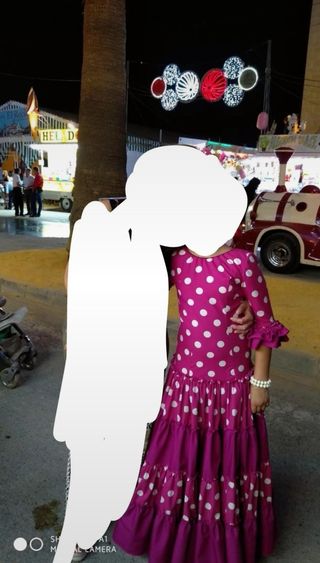 Traje Flamenca niña lunares blanco y buganvilla 