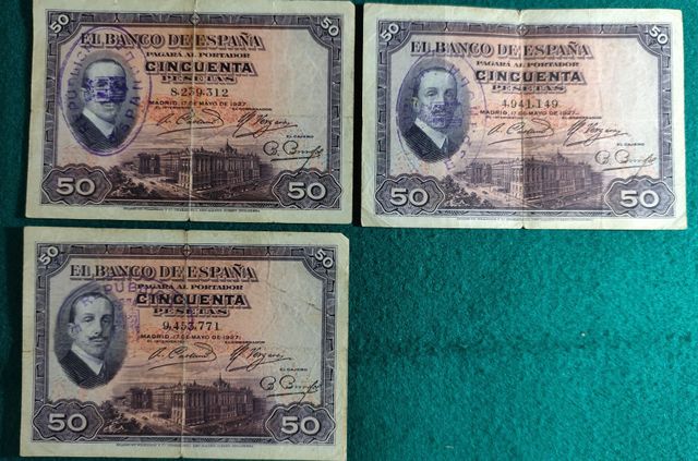3 Banconote del 1927 da 50 Ptas Alfonso XIII