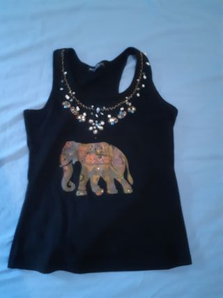 Top Royalblu nero con Elefante ed inserti