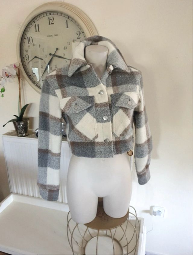 Chaqueta Bershka cuadros gris beige XS