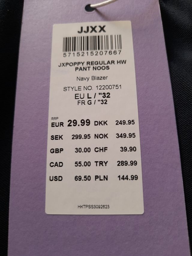 Pantalones JJXX JXPoppy Regular HW Pant Noos L mar