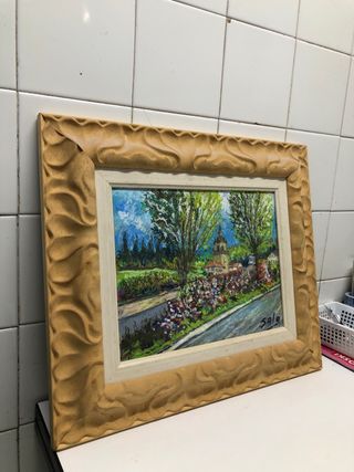 Cuadro pintado a mano, pueblo primavera