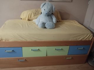 Cama nido con cajones -madera-azul-amarillo cñ