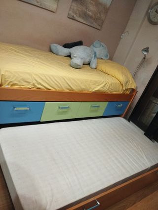 Cama nido con cajones -madera-azul-amarillo cñ