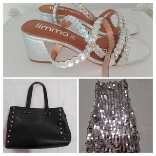 Lote top lentejuelas plateado + zapatos+bolso 