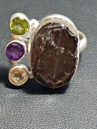 Anillo plata ley piedra en bruto cuarzo ahumado 