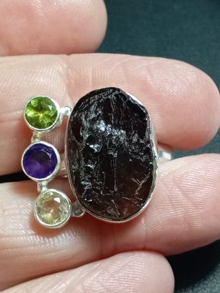 Anillo plata ley piedra en bruto cuarzo ahumado 