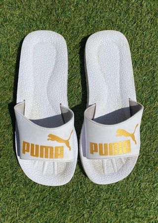 Puma White & Gold Sport Slide Sandals 