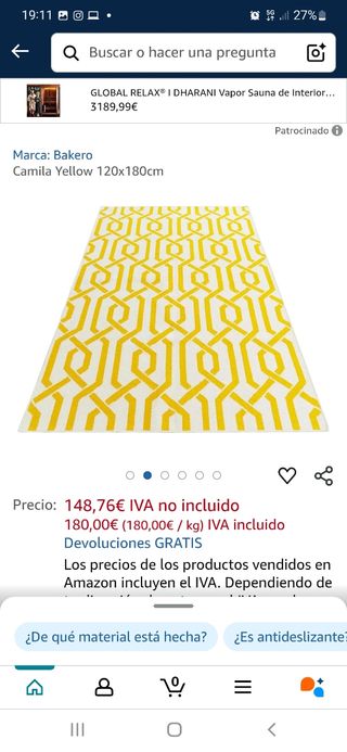 Alfombra Bakero Luisa Amarilla 180x120cm
