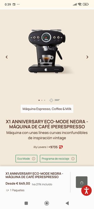 CAFETERA ILLY X1 ANNIVERSARY ECO-MODE NEGRA 
