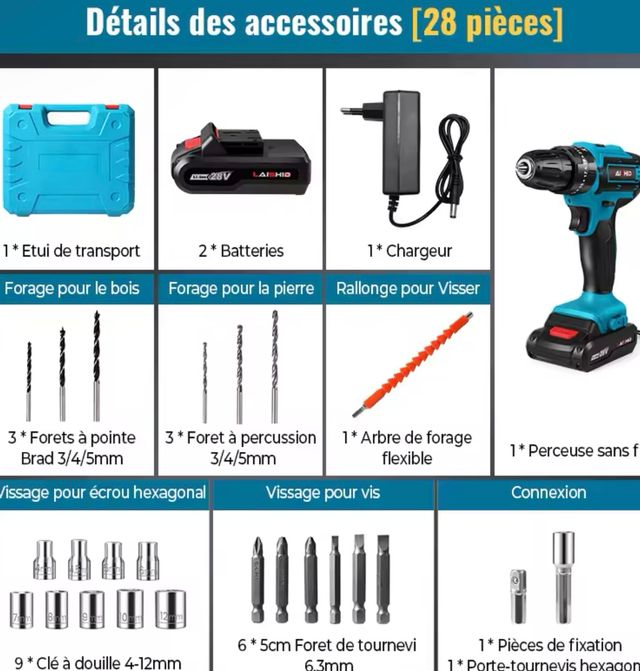 Taladro inalámbrico 28v + accesorios