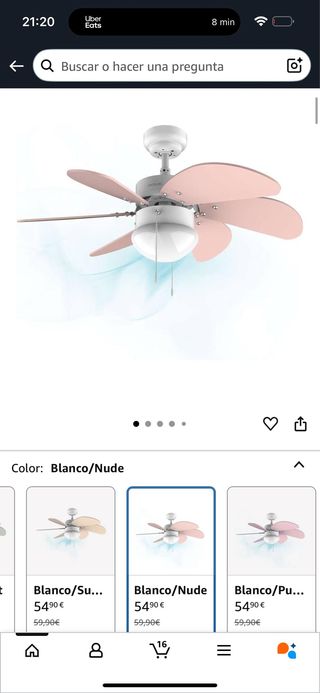 Ventilador techo rosa y blanco