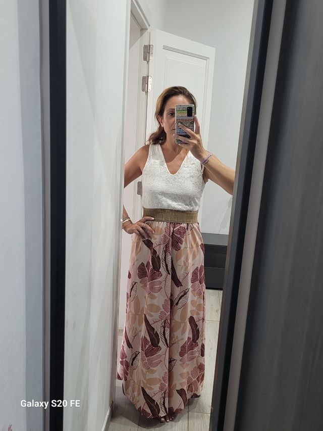 Vestido largo beige y rosa