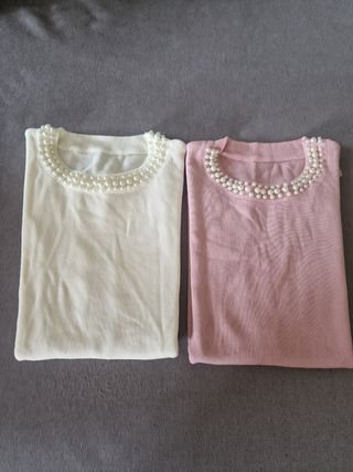 Blusas blanca y rosa sin mangas con perlas