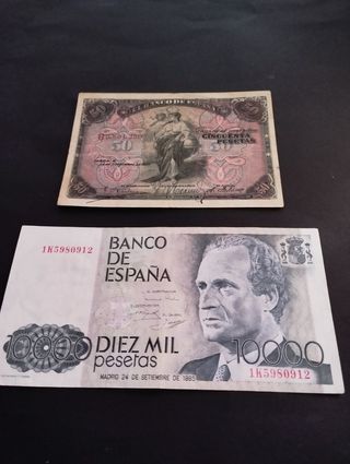 2 Billetes España antiguos: 50 y 10000 pesetas
