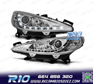 FAROS PEUGEOT 207 06-12 LUZ LED DIURNA FONDO CROMO